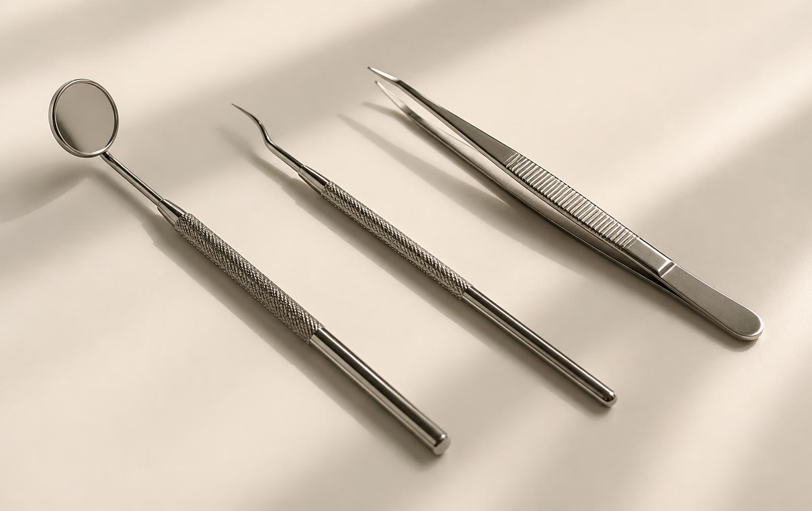 Mundspiegel, Zahnsonde und Dentalpinzette aus poliertem chirurgischem Edelstahl